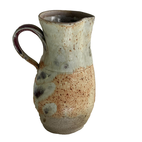 Studio Art Pottery Pitcher Handmade Vase Ivory Brown Orange Mix Speckled 9" X 5" - Picture 1 of 11